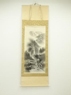 奥平哲史筆　水墨山水　肉筆絹本掛軸（共箱）